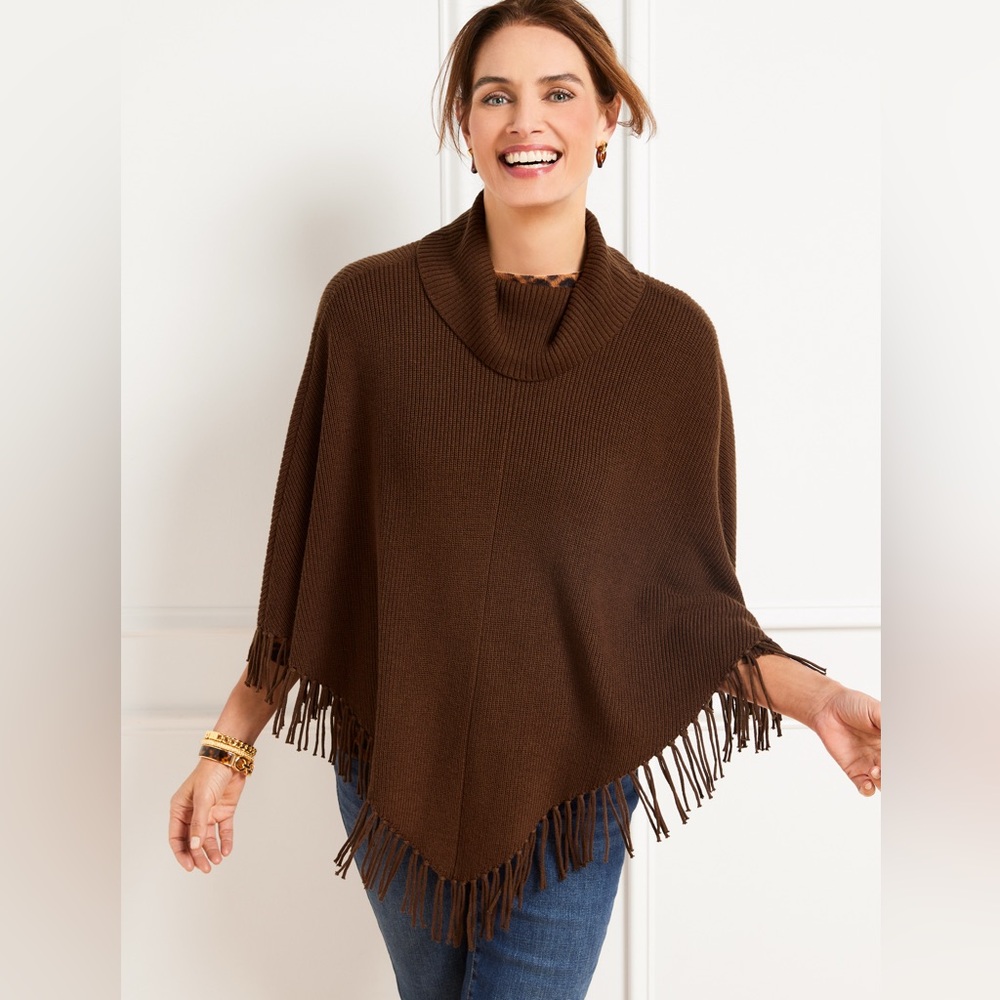 Talbots chocolate brown poncho with fringe size M